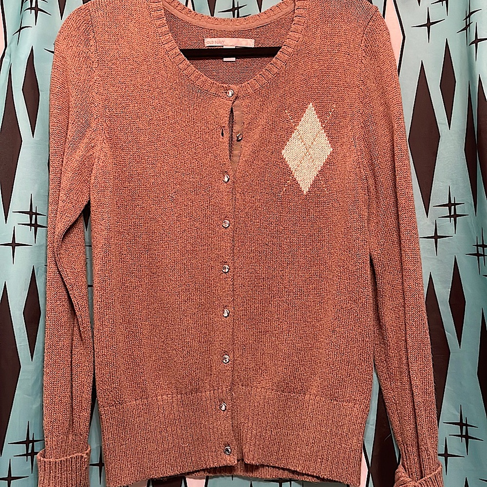 Old Navy Mocha Argyle Accented Rhinestone Button Cardigan sz Med